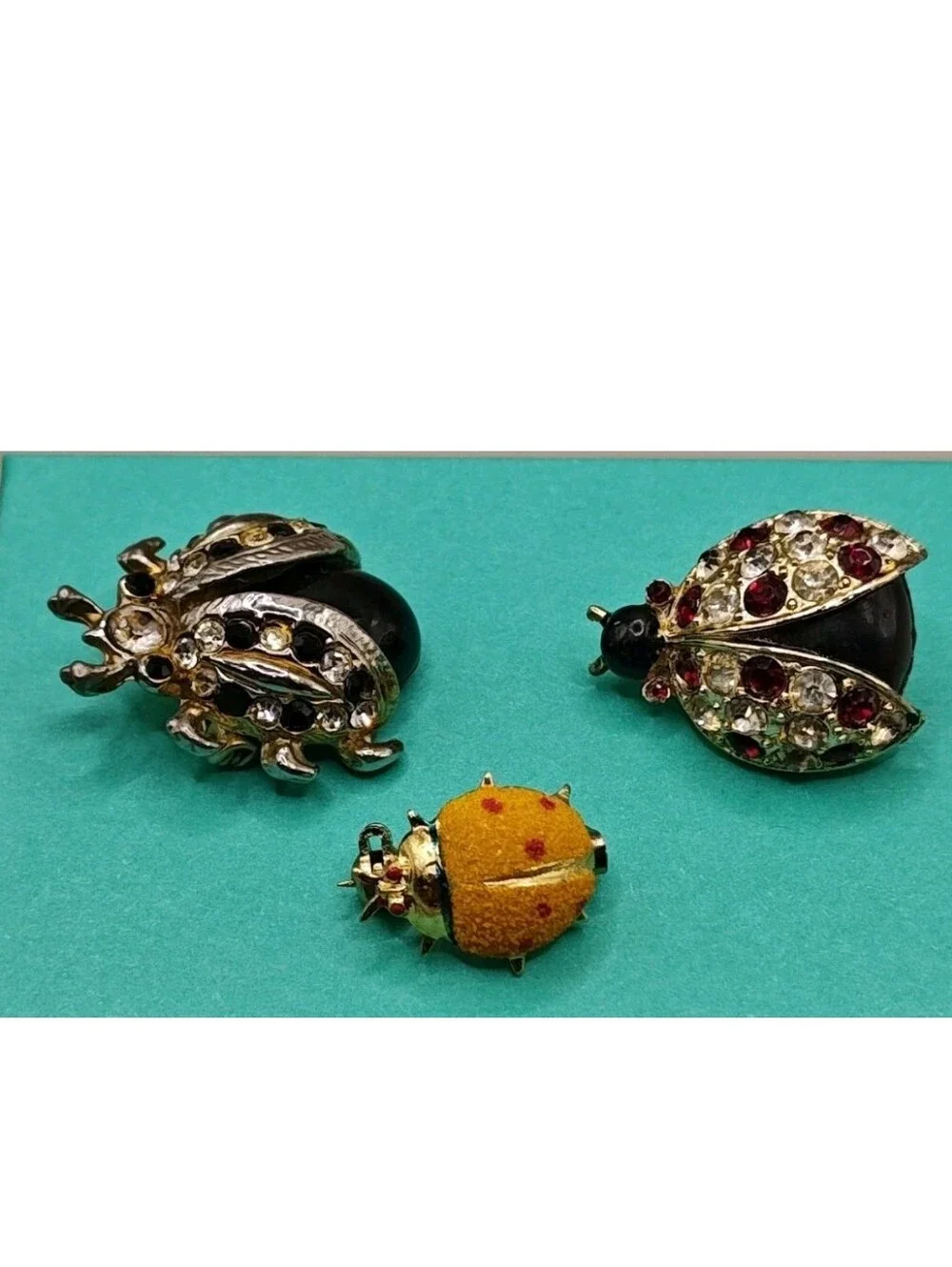 Vintage 3 Bug Incect Brooches Rhinestones Garden Ladybug Lapel Pins Gold Tone
